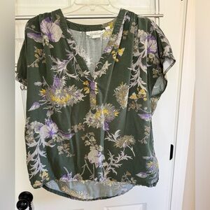 H&M Green and Purple Floral V-Neck Blouse